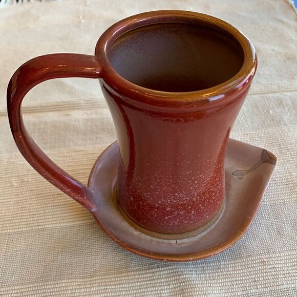 Art Pottery‎ Large MUG/Cup Drip Plate Dish Saucer Connected Red Glaze Handle VTG - Picture 1 of 9
